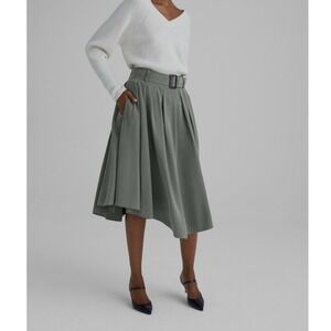 Club Monaco Sage Green Pleated Asymmetrical Fluid Midi Skirt Belt Size 2 Pockets